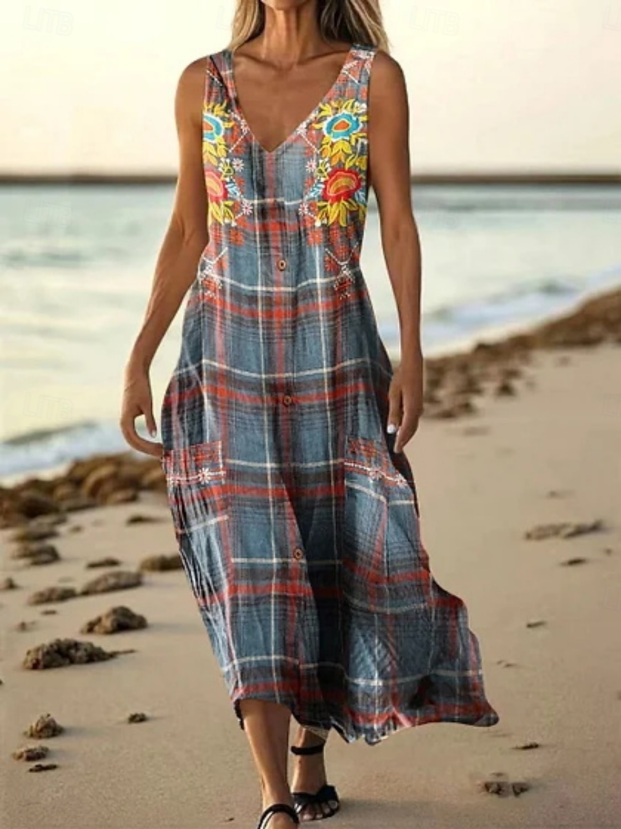 Damen Langes Kleid Maxikleid Freizeitkleid Trägerkleid Sommerkleid afrikanisch Täglich Ferien Strand Normale Passform Blumen Karomuster Ärmellos V Ausschnitt Königsblau Blau Fuchsie Sommer 2025 - $21.99 –P1