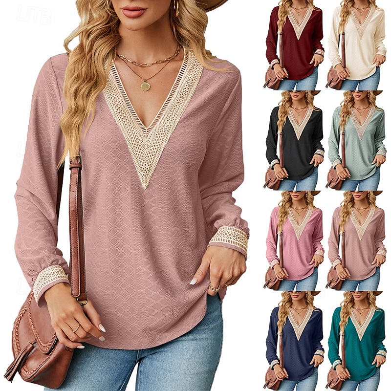 Damen Bluse Farbblock Modern Lässig Langarm V Ausschnitt Normale Oberteile Täglich Ferien Patchwork Gras-Grün Erröten Sie Rosa Schwarz Rosa Wein Sommer 2025 - $21.99 –P1