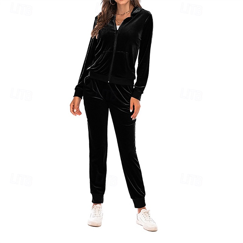 Women's Tracksuit Sweatpants Hooded Jacket Zipper Pocket Solid Colored Clothing Suit Fall Black Burgundy Velour Gym Workout Sports Windproof Long Sleeve Sport Activewear Micro-elastic Regular Fit 2025 - $42.99 –P4