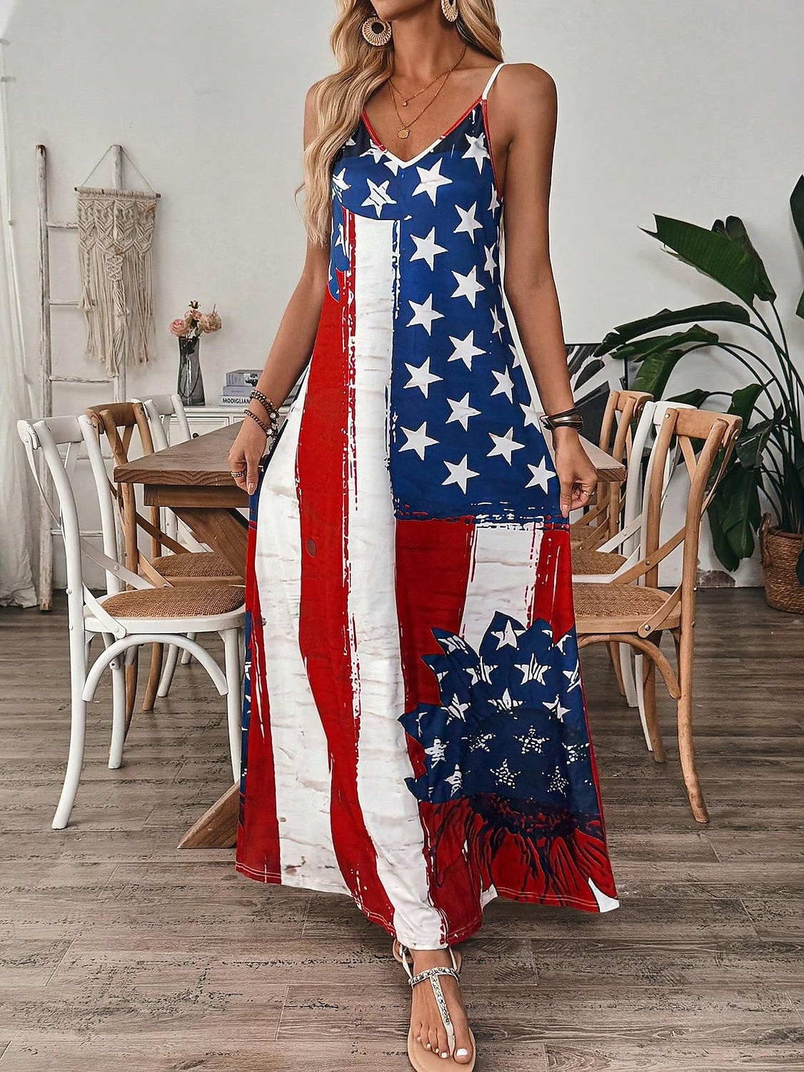 Independence Day Women's Patriotic Fourth of July Maxi Dress A Line Dress Slip Dress Vacation Casual Outdoor Going out Regular Fit Graphic American Flag Sleeveless V Neck Spaghetti Strap Blue 2025 - $27.99 –P5