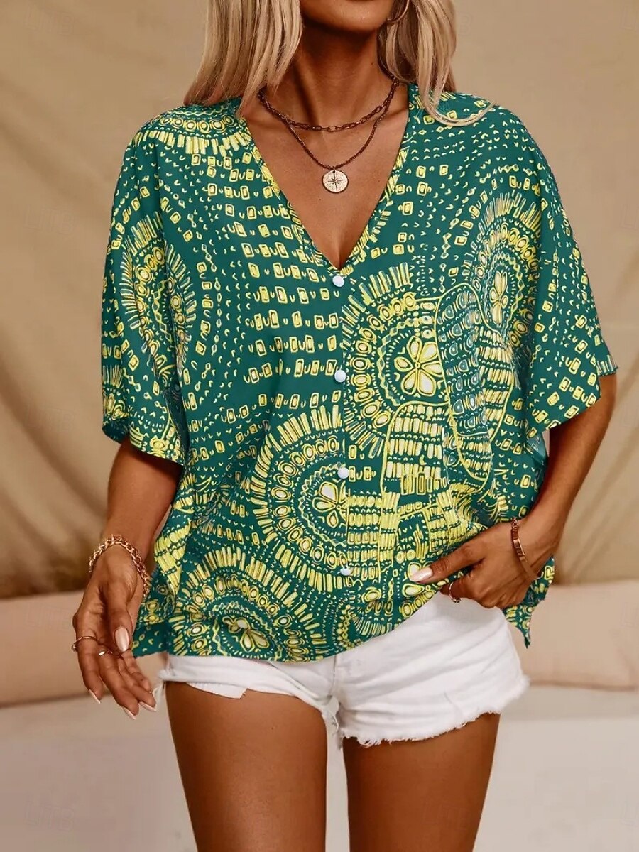 Women's Blouse Print Floral Graphic Bohemia Vintage Casual 3/4 Length Sleeve V Neck Regular Tops Daily Black Red Orange Green Summer Spring Fall 2026 - $19.99 –P8