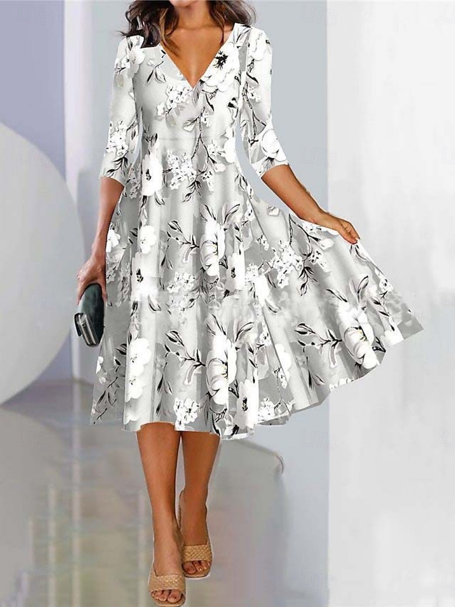 Women's Maxi Dress A Line Dress Semi Formal Office Regular Fit Floral 3/4 Length Sleeve V Neck Black Blue Purple Green Spring Fall 2025 - $26.99 –P4