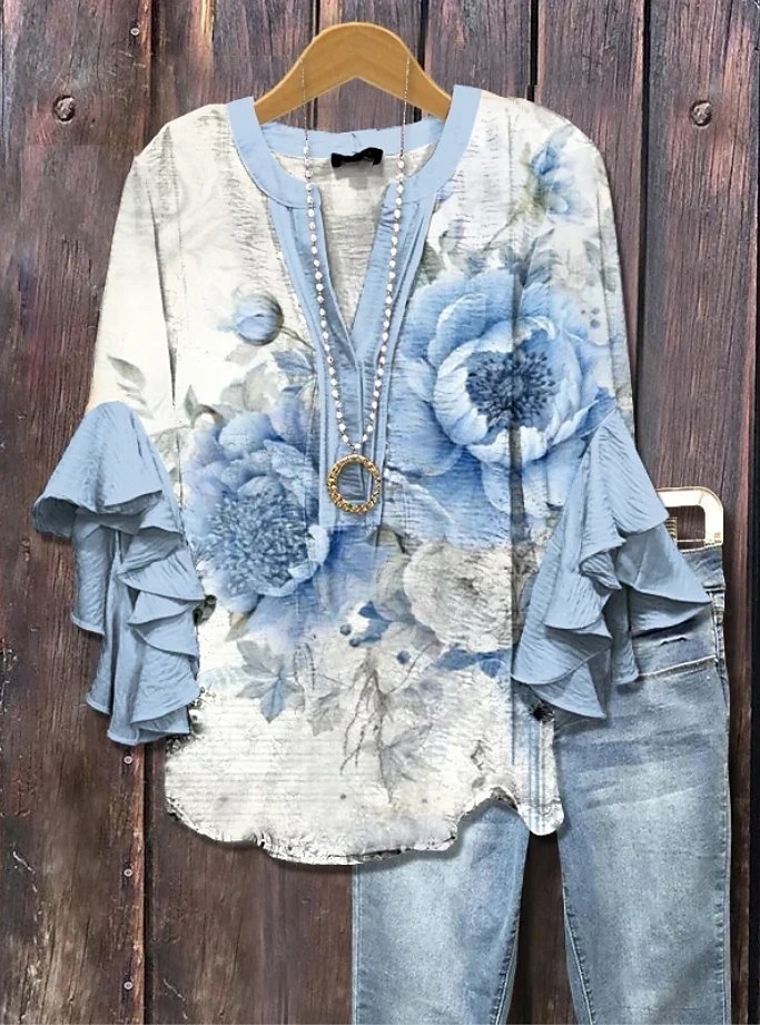 Damen Bluse V-Ausschnitt Blumen Grafik Elegant Bohemia Ethnisch 3/4 Länge Ärmel Reguläre Tops Täglich Urlaub Ferien Kleidung Rüsche Print Pink Blau Grün Khaki Sommer Frühling Herbst 2025 - $29.99 –P1