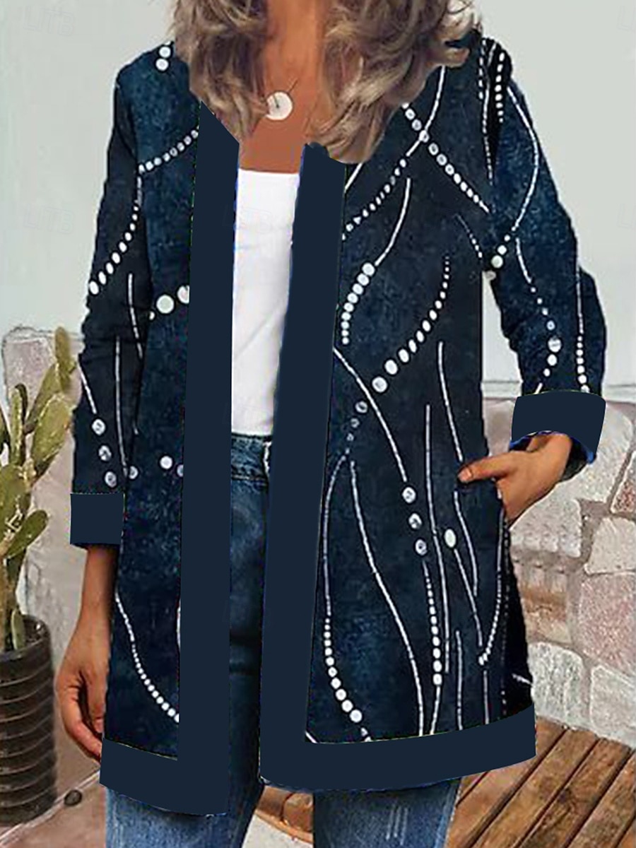 Women's Blazer Work Print Geometric Comfortable Elegant Regular Fit Outerwear Long Sleeve Fall Lake blue S 2025 - $27.99 –P5