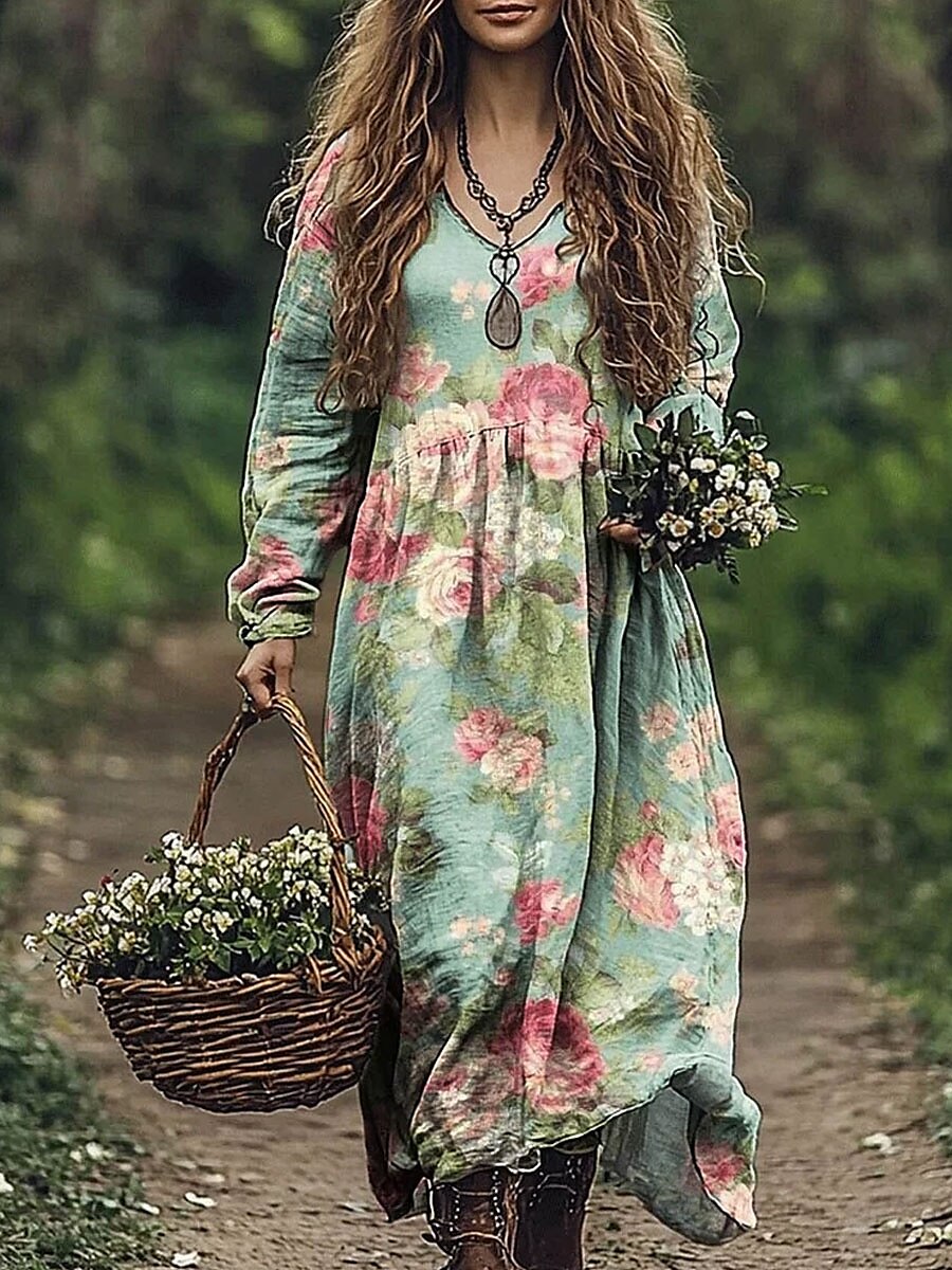 Women's Maxi Dress A Line Dress Vacation Casual Boho Going out Beach Loose Fit Floral Graphic Paisley Long Sleeve V Neck Red Blue Green Gray Summer Spring 2025 - $35.99 –P3