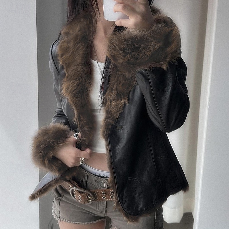 Women's Casual Jacket Warm Comfortable Buttons Fur Collar Fashion Plain Holiday Going out Weekend Single Breasted Regular Turndown Regular Fit Long Sleeve Outerwear Black Fall Winter 2025 - $32.99 –P1