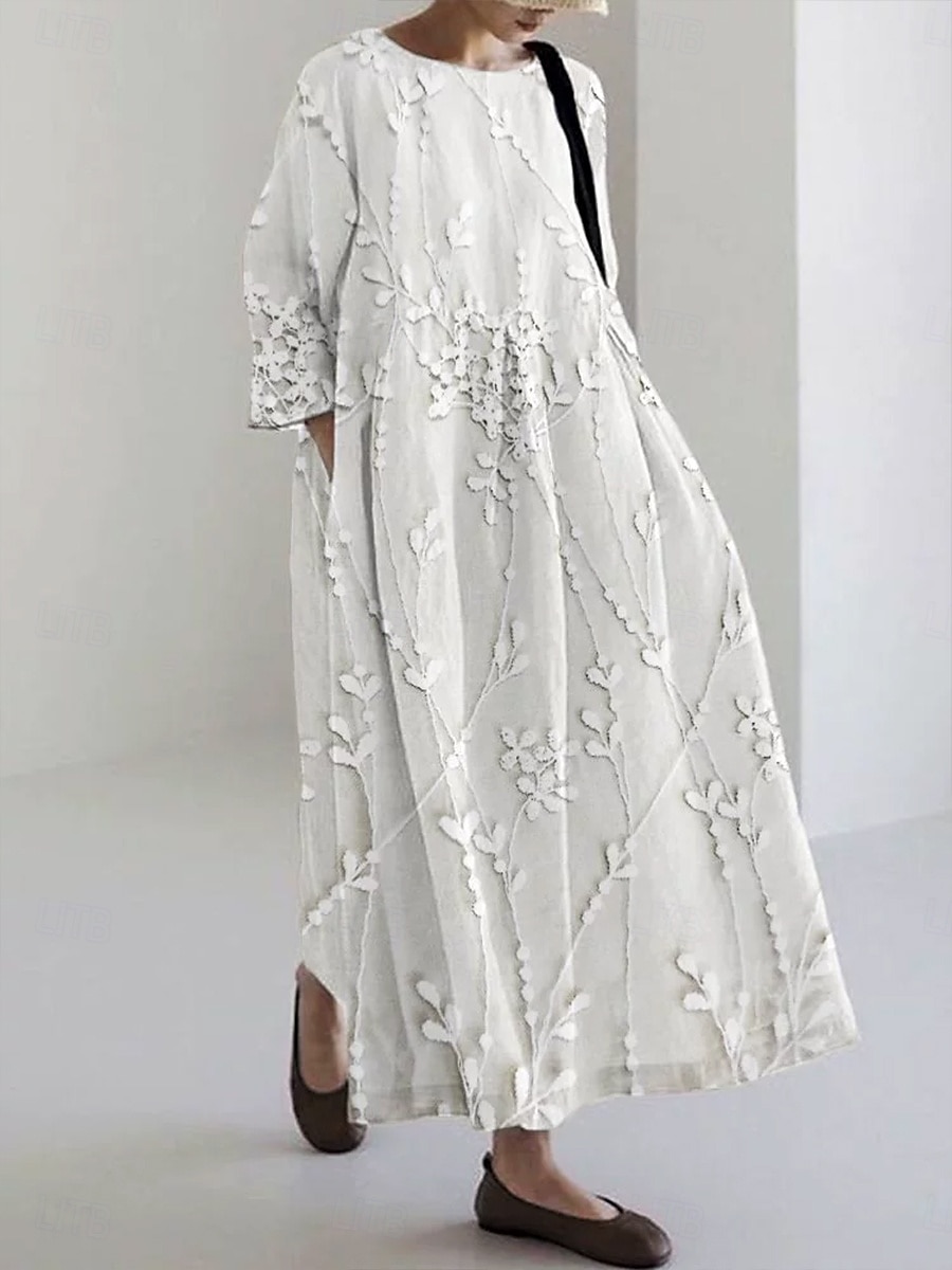 Damen Midikleid Sommerkleid A Linie Kleid Urlaub Lässig Strand Ferien Lässiger Schnitt Blumen Grafik Langarm Rundhalsausschnitt U-Boot-Ausschnitt Weiß Sahne Rosa Khaki Sommer Frühling Herbst 2025 - $26.99 –P3