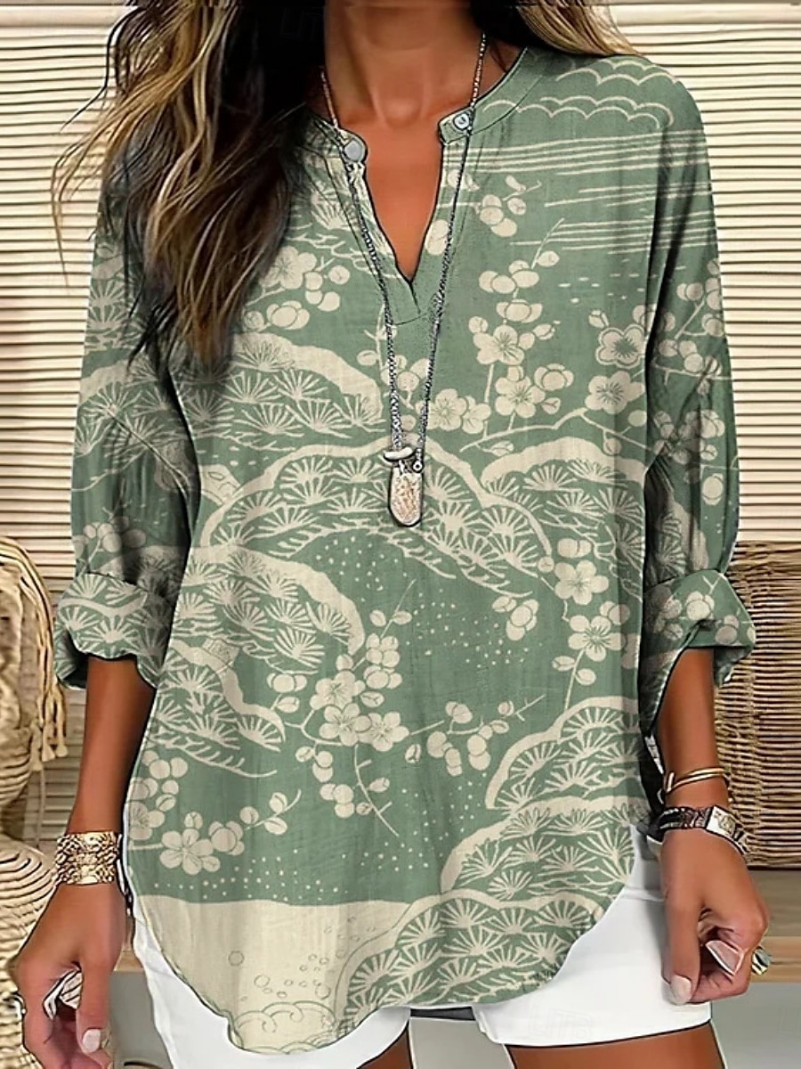 Femmes Chemise Fleuri Élégant Moderne manche longue Col en V Hauts Réguliers Quotidien Fête Boutons Imprimé Rouge Vert Été de 2025 ? $24.99 –P3