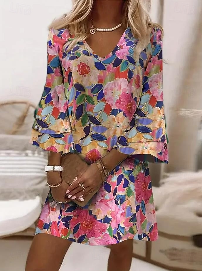Femmes Mini Robe Robe d'Été Robe trapèze Boho Soirée Coupe régulière Fleuri Graphique Manche 3/4 Col en V Rose Claire Vert Claire Gris foncé Bleu Ciel Été Printemps de 2025 ? $46.99 –P5
