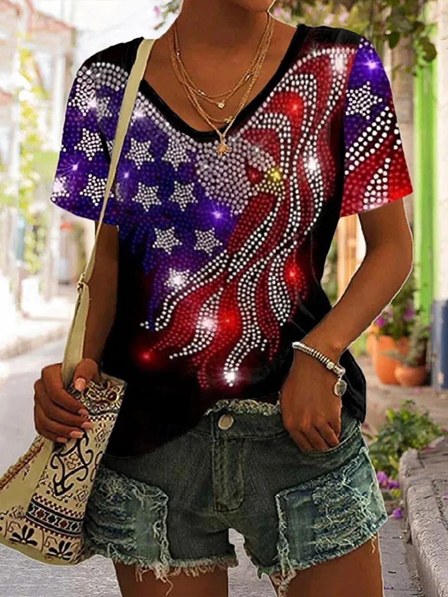 Függetlenség Napja Hazafias Női póló Grafikai Zászló Vintage Stílusú Klasszikus Rövid Ujjú V Nyakú Normál Pólók Napi Nyomtatás Fekete Lila Zöld Nyár Tavasz 2026 - $21.99 –P1