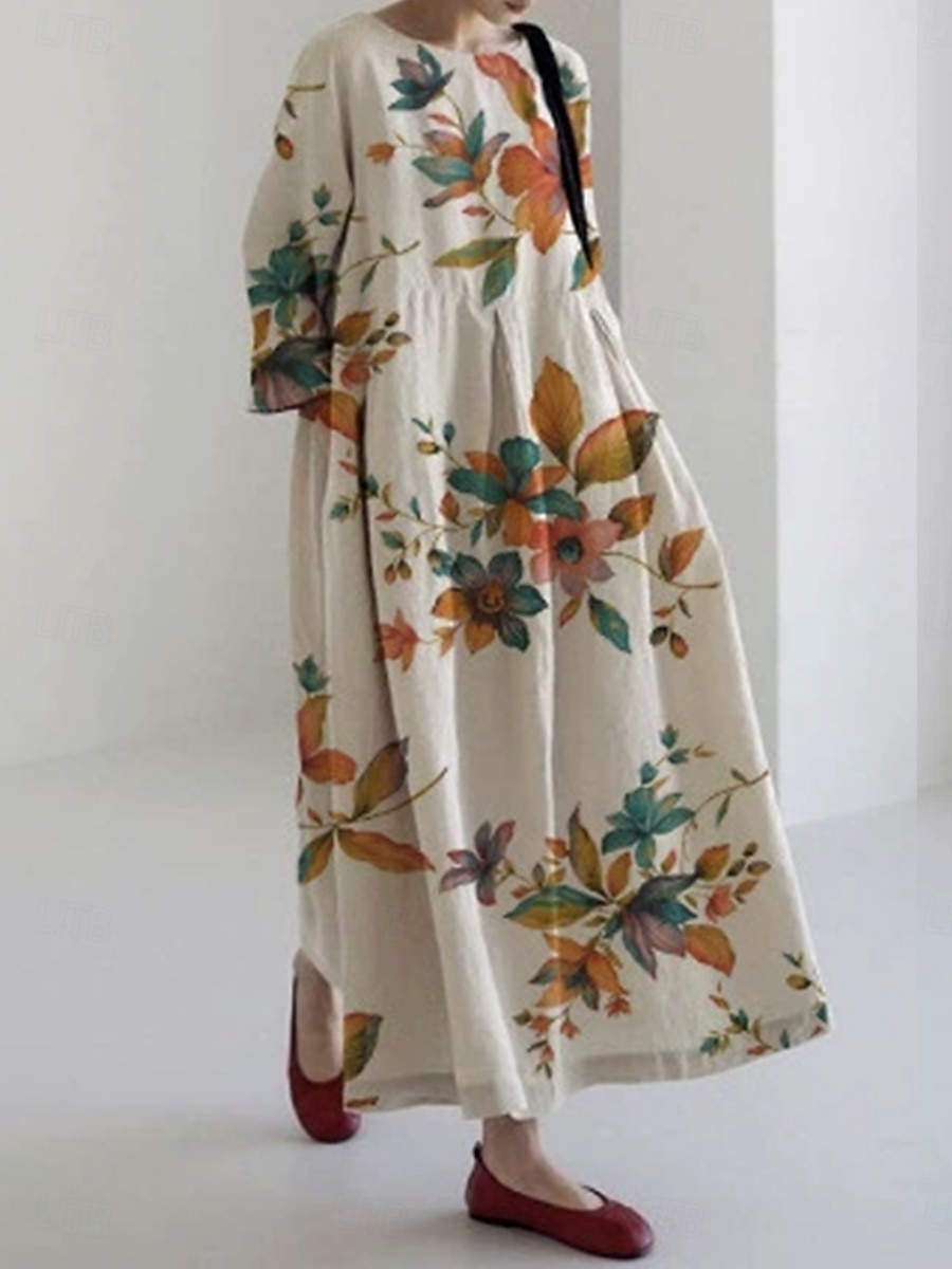 Damen Midikleid Sommerkleid A Linie Kleid Urlaub Lässig Strand Ferien Lässiger Schnitt Blumen Grafik Langarm Rundhalsausschnitt U-Boot-Ausschnitt Hellgrün Khaki Grau Sommer Frühling 2025 - $26.99 –P3