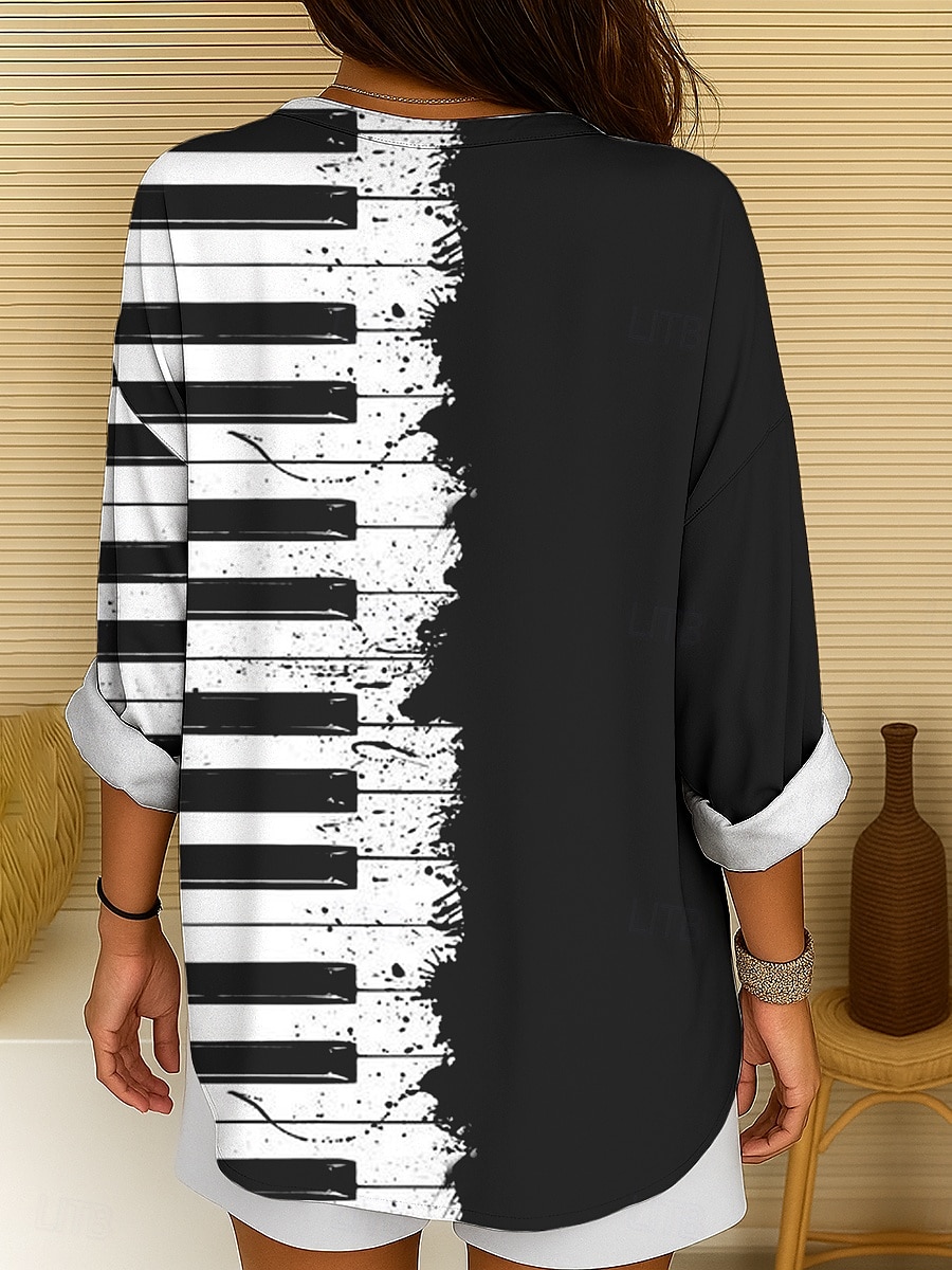musikk festival Dame Bluse Grafisk Geometrisk Elegant Årgang Tropisk Langermet V-hals Vanlige topper Daglig Ferie Trykt mønster Svart og Hvit Svart Sommer Vår 2025 - $19.99 –P2