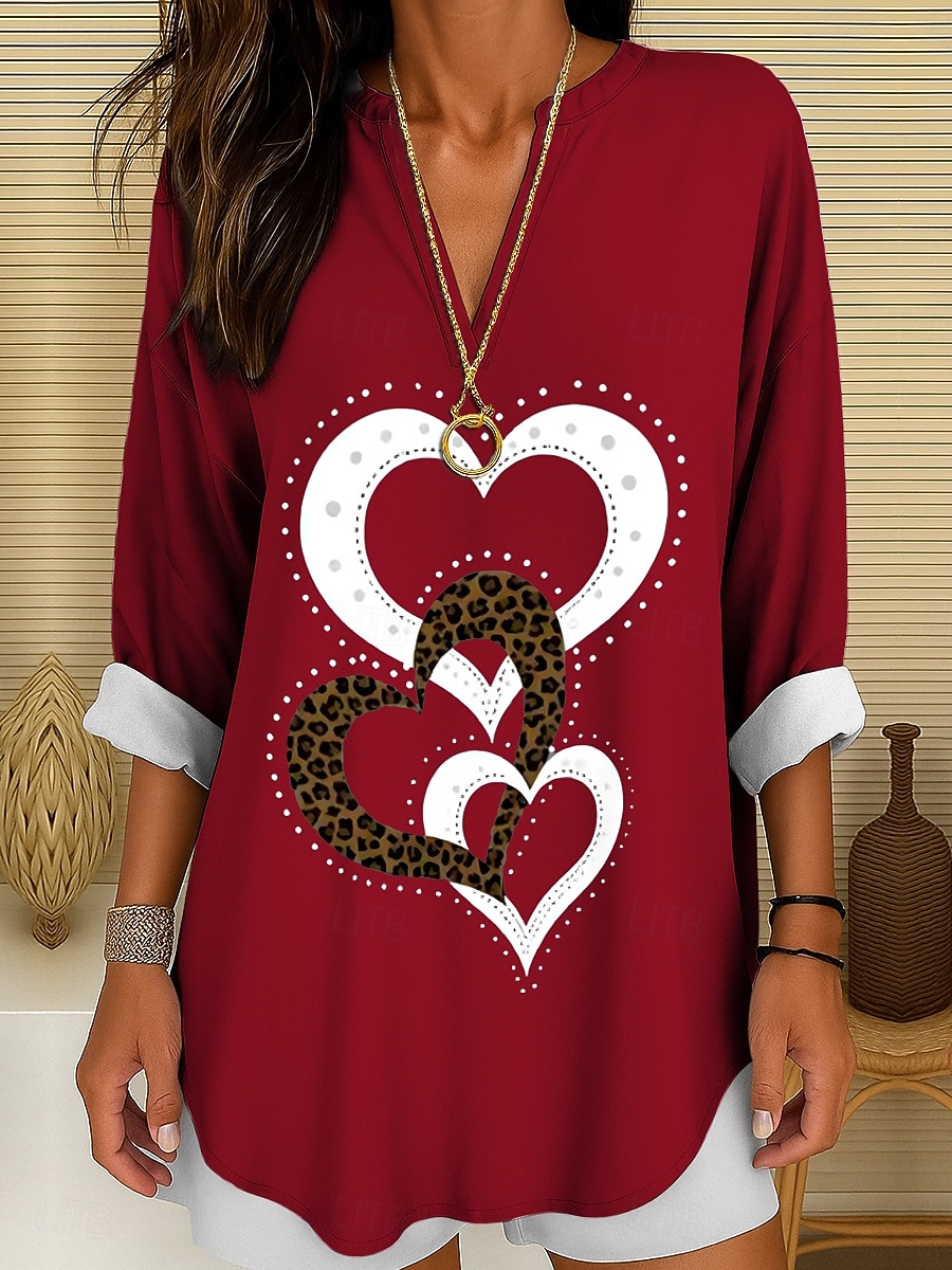 Women's Blouse Linen Like Breathable Lightweight Tunic V Neck Long Sleeve Boho Casual Tops Heart Graphic Geometric Elegant Stylish Regular Tops Daily Print Black White Yellow Red Blue 2026 - $32.99 –P1