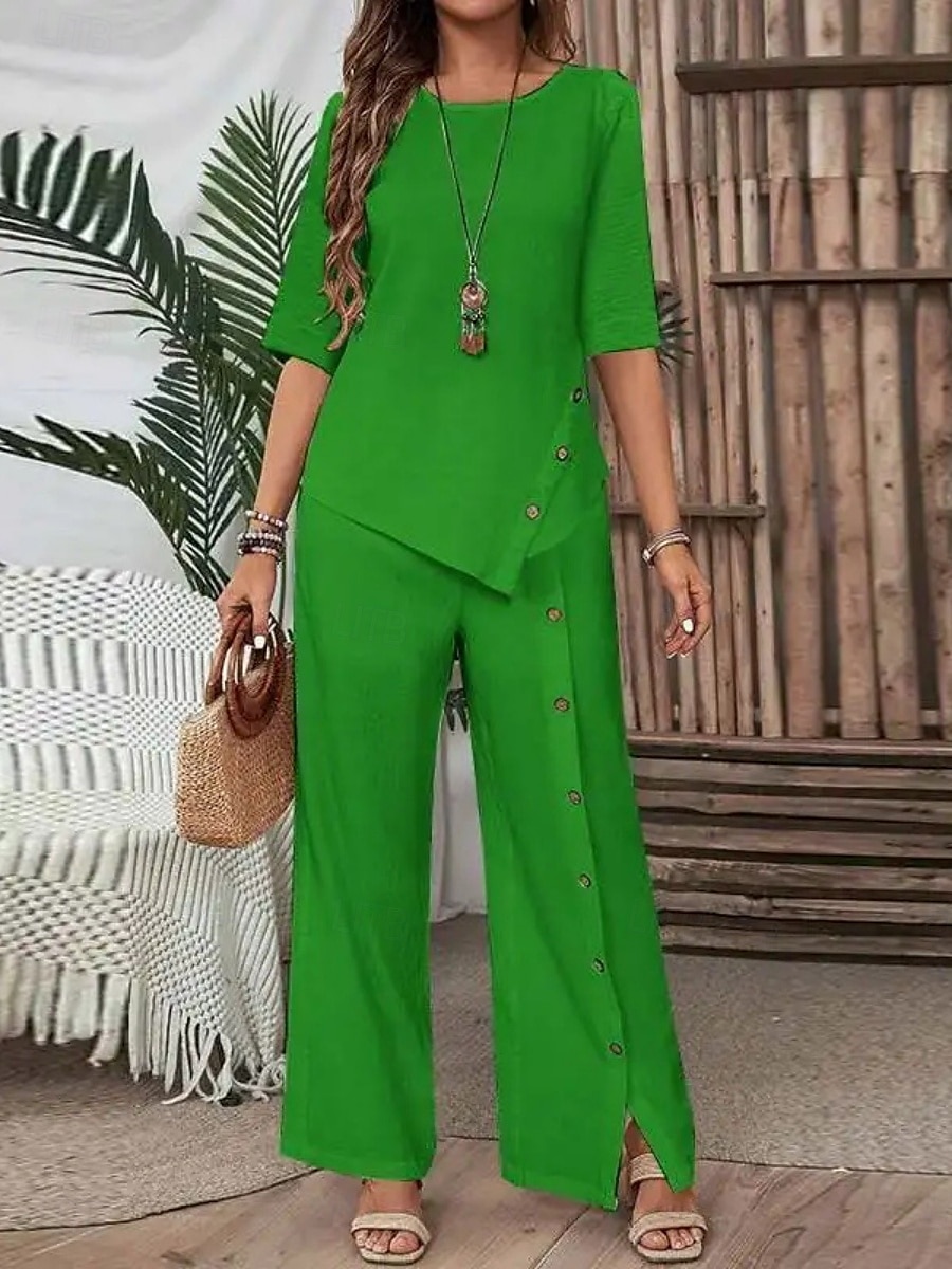 Femmes Élégant Mode Streetwear Ensembles de Pantalons Demi Manches Col rond Couleur Unie Patchwork Occasionnel Quotidien Noir Blanche Vert Été Coupe régulière de 2025 ? GBP £33.99 –P4