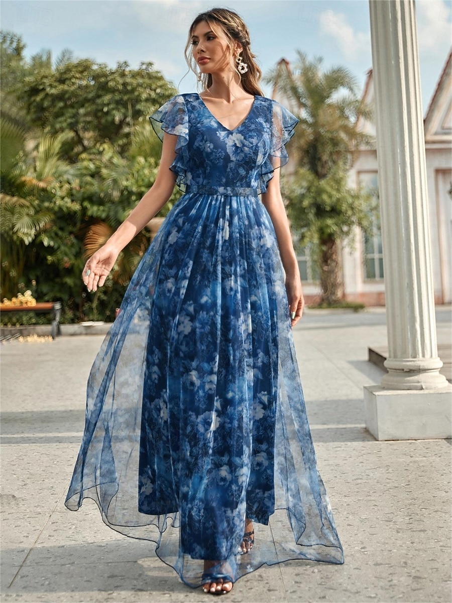 Abiti Quinceanera A-Line abito elegante formale lungo senza maniche scollatura a V in chiffon con stampa floreale del 2025 a $79.99 –P3