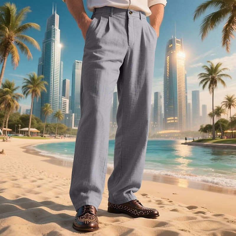 Men's Linen Pants Trousers Summer Pants Beach Pants Pocket Straight Leg Plain Comfort Breathable Vacation Daily Holiday Hawaiian Boho Black White 2025 - $25.99 –P14