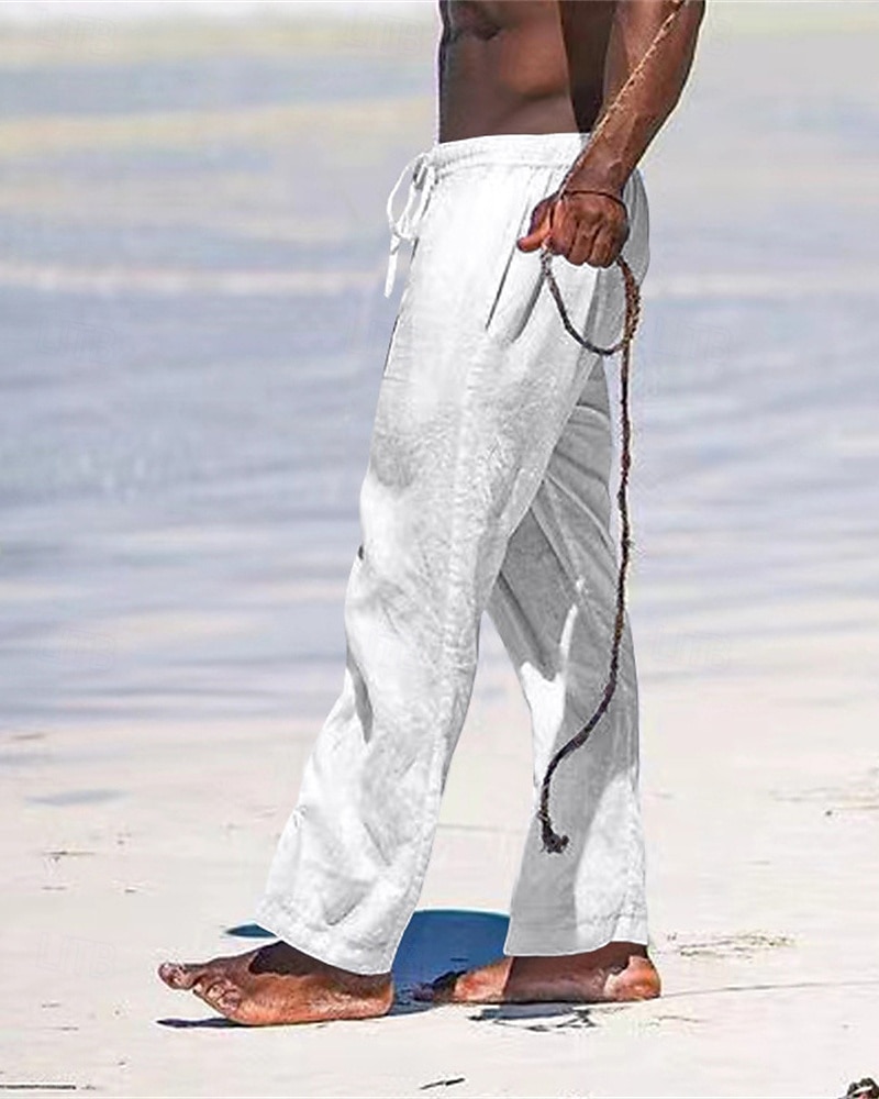 Herr Linne Byxor Långbyxor Sommarbyxor Strandbyxor Ficka Snörning Elastisk midja Slät Komfort Andningsfunktion Semester Dagligen Helgdag Hawaiisk Boho Svart Vit 2025 - $18.99 –P4