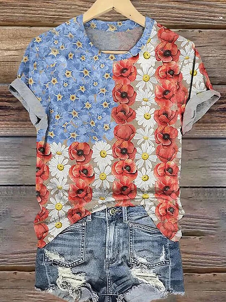 Kobieta Patriotyczna T-Shirt Serce Kwiatowy Graficzny Vintage Stylowy Casual Krótki Rękaw Okrągły Dekolt Regularne Top Codzienne Druk Czerwony Niebieski Lato Wiosna 2025 - $19.99 –P2
