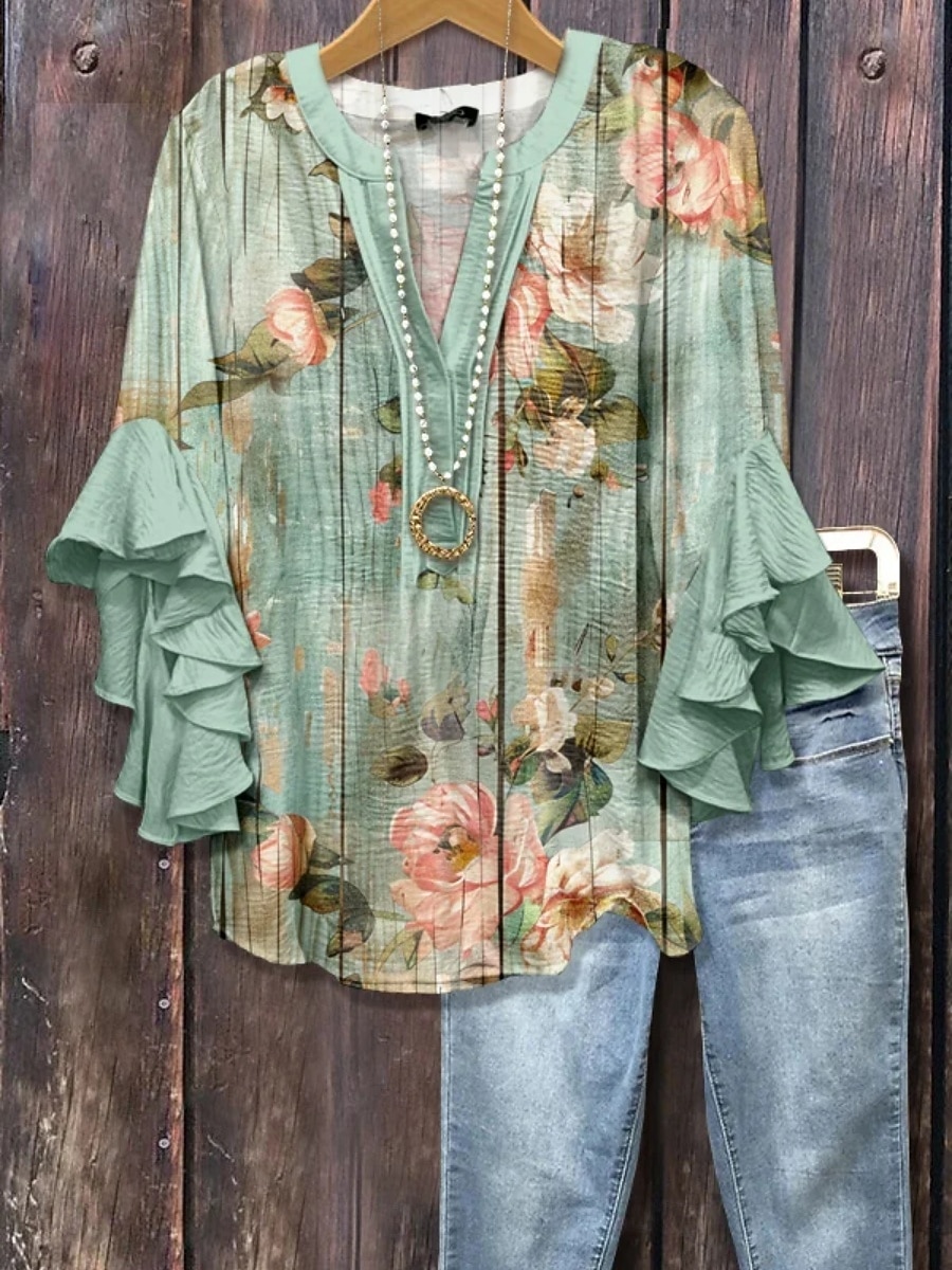 Women's Shirt Ruffle Print Floral Stylish Modern 3/4 Length Sleeve V Neck Regular Tops Daily Holiday Blue Light Green Pink Green Summer 2026 - $25.99 –P3