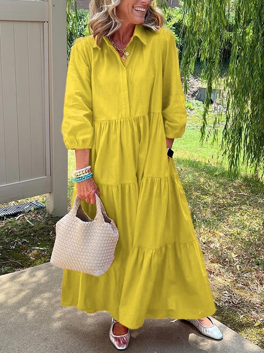 Damen Maxikleid A Linie Kleid Lässig Täglich Normale Passform Einfach Dreiviertelarm Revers Weiß Gelb Blau Orange Frühling Herbst 2025 - $41.99 –P4