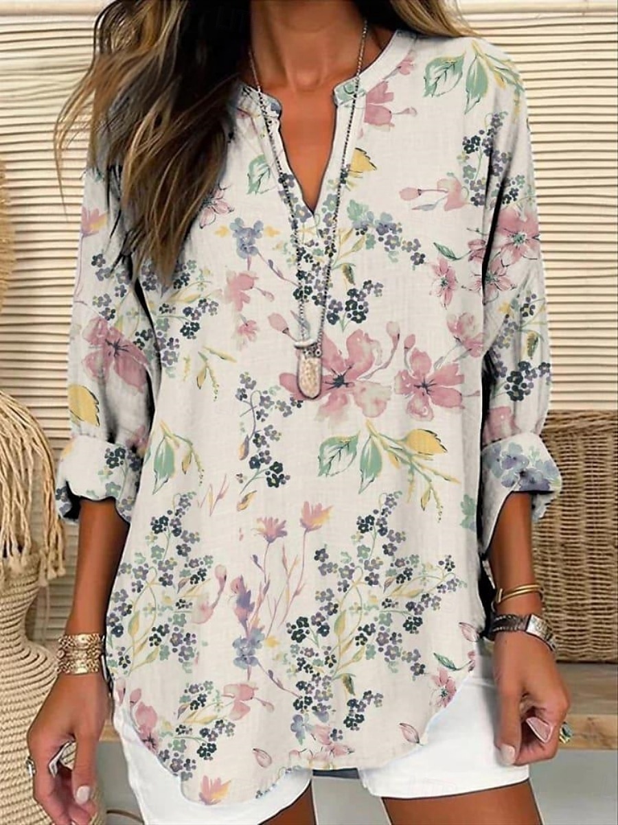 Femmes Chemise Fleuri Élégant Moderne manche longue Col en V Hauts Réguliers Quotidien Fête Boutons Imprimé Rose Claire Violet Vert Beige Été de 2025 ? $24.99 –P2