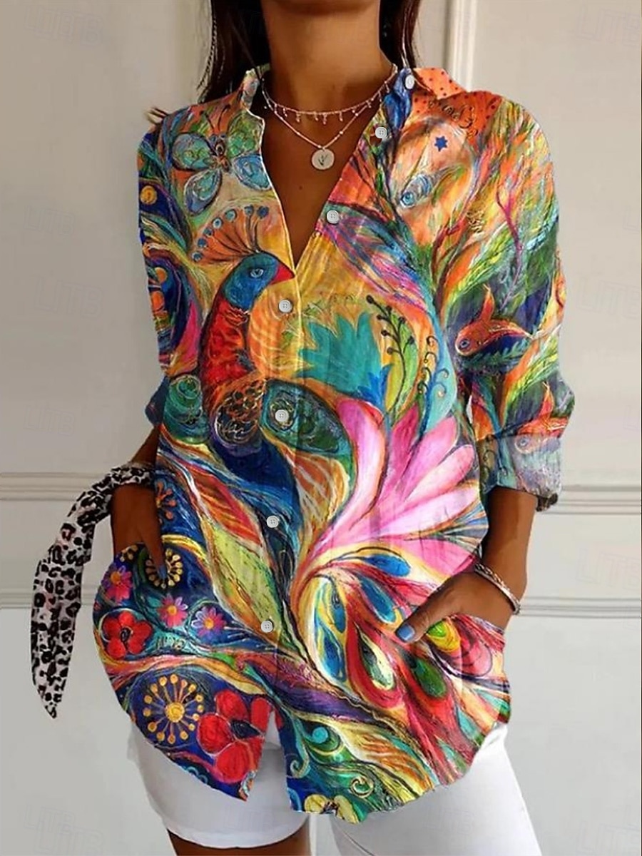 Dames Overhemd Ombre Bloemig Grafisch Romantisch Casual Strandstijl Lange mouw Overhemdkraag Normale tops Werk Dagelijks Knop Afdrukken Blozend Roze Groen Regenboog Lente Herfst 2025 - $32.99 –P2