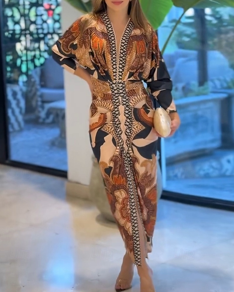 Femmes Robe Midi Robe Portefeuille Vacances Occasionnel Boho Extérieur Sortir Plage Coupe Ample Fleuri Graphique Paisley manche longue Col en V Orange Été Printemps de 2025 ? $41.99 –P6