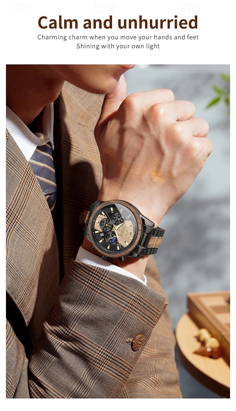 OLEVS 3645 Heren Horloge Top Merk Business Originele Kwarts Horloge Massief Hout Multifunctionele Chronograaf Maanfase Horloge 2026 - $62.99 –P4