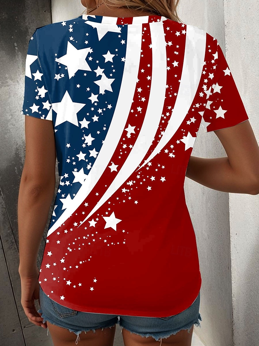 T-shirt patriote pour femmes pour le jour de l'indépendance graphique du drapeau vintage élégant décontracté à manches courtes col en V hauts réguliers quotidiens impression rouge été de 2026 ? $21.99 –P2