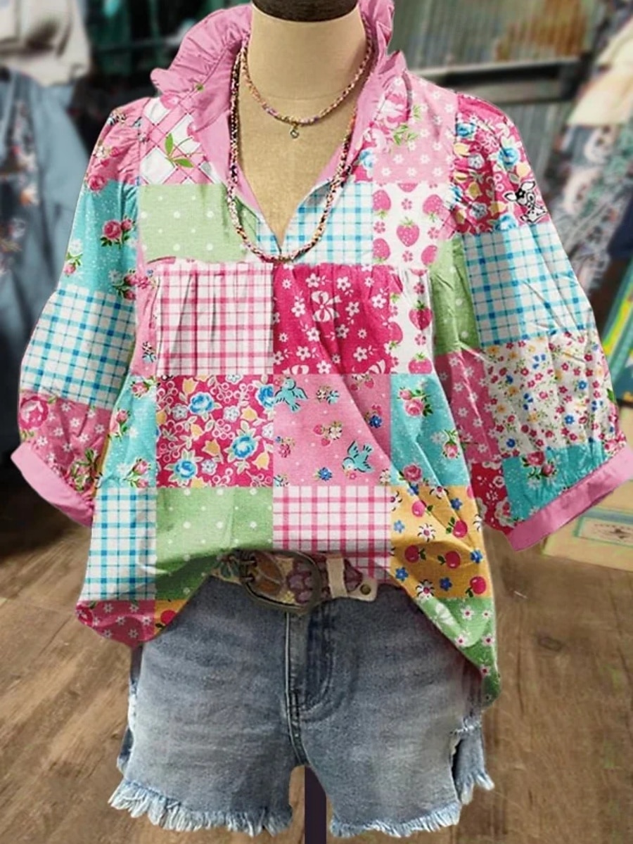 Dames Overhemd Bloemig Stijlvol Modern Boho Halve mouw V-hals Normale tops Dagelijks Feestdagen Afdrukken Blozend Roze Marineblauw blauw Groen Khaki Zomer 2025 - $22.99 –P2