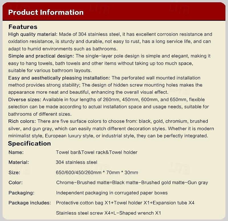 Towel Bar Towel Rack 304 Stainless Steel Wall Mounted Bathroom Hardware Towel Holder for Bath Towels, Rustproof Towel Rail for Kitchen, Shower, Hotel Use, Heavy Duty Polished Finish 2026 - $42.99 –P1