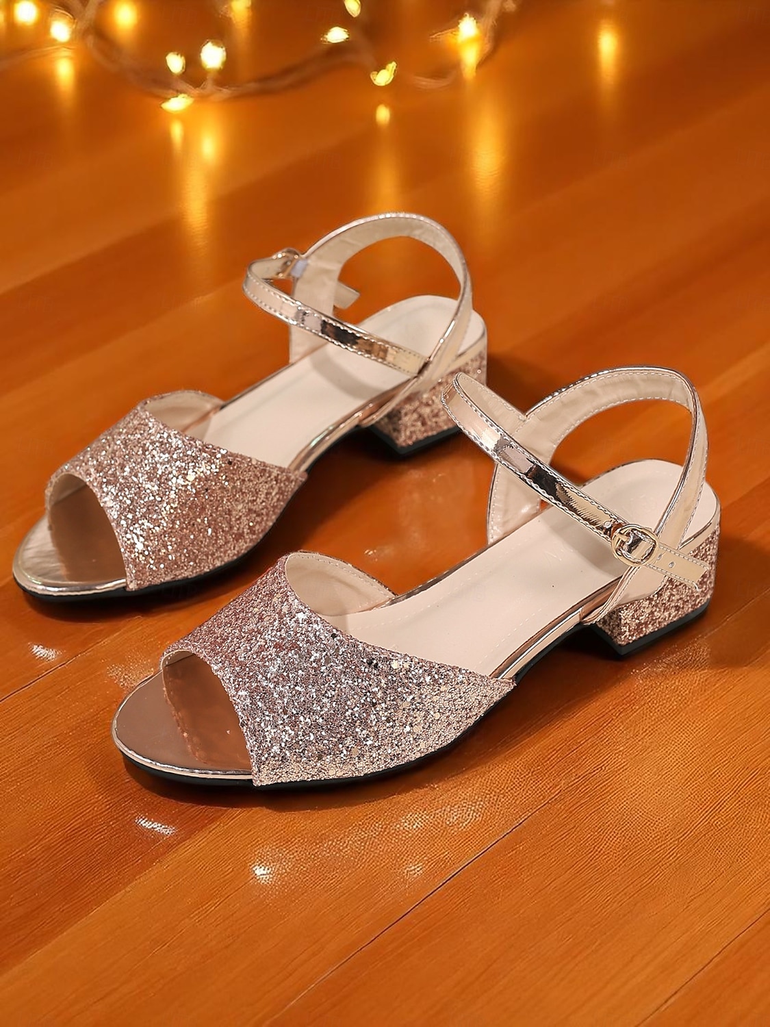 Sandalias de tacón cuadrado con purpurina en oro rosa para mujer: zapatos de fiesta brillantes con punta abierta y correa en el tobillo para eventos nocturnos y clubes. 2025 - $26.99 –P2
