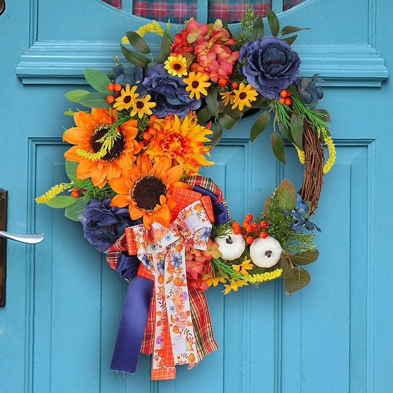 Couronne d'automne pour porte d'entrée, Thanksgiving, récolte d'automne, décoration intérieure et extérieure, couronne de vigne artificielle de tournesol bleu, décoration murale pour les fêtes de 2025 ? $38.99 –P2