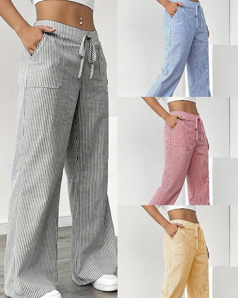 Femmes Jambe large Slacks Streetwear Occasionnel Longueur complète Naturel Rayé Avec Poches Conception à cordon élastique Extérieur Confortable Fête Décontracté Quotidien Magenta Bleu ciel clair Gris de 2025 ? $17.99 –P1