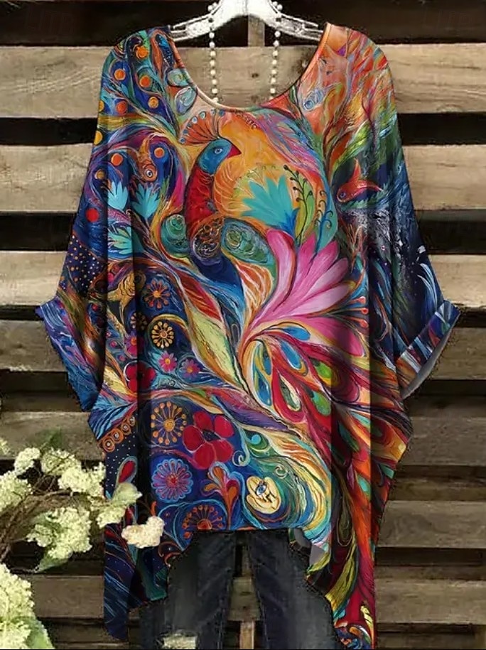 Damen Boho-Hemd Grafik Abstrakt Elegant Bohemien Aktiv Kurzarm Fledermaus Ärmel Rundhalsausschnitt Normale Oberteile Täglich Ferien Strandbekleidung Leicht Braun Blau Purpur Grün Rot / Blau Sommer 2025 - $22.99 –P3