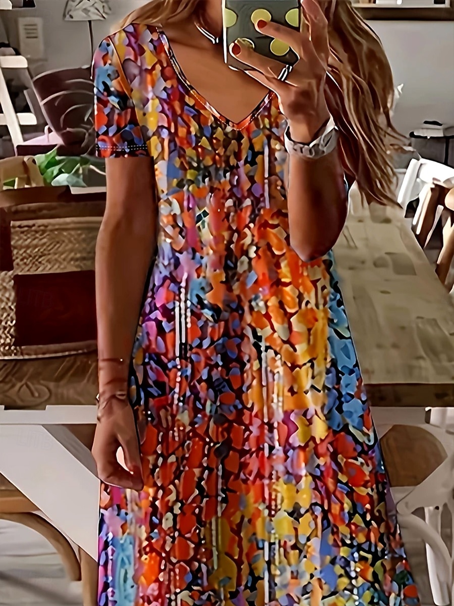 Damskie Sukienka maxi Codzienne sukienki Sukienka A line Letnie sukienki Elegancja Urlop Codzienny Regularny Kwiaty Graficzny Abstrakcja Krótki rękaw Dekolt w kształcie litery U Czerwony Jasnobrązowy 2025 - $30.99 –P2
