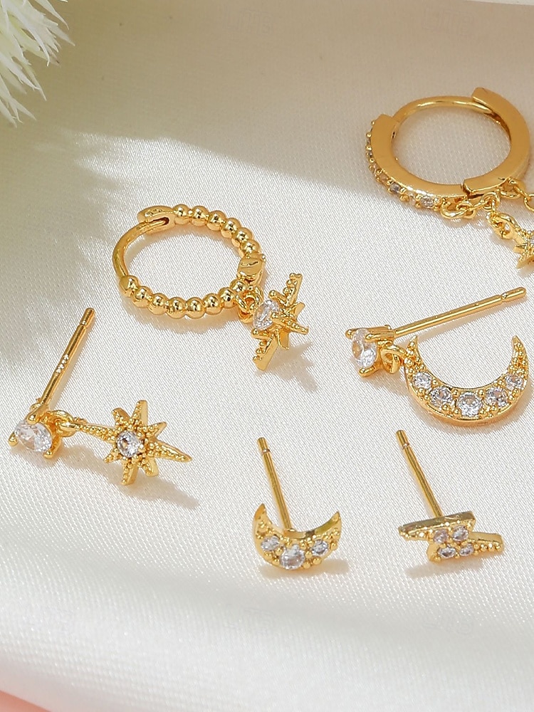 damski pozłacany zestaw kolczyków w kształcie gwiazdy i księżyca – delikatne niebiańskie cyrkonie i wiszące kolczyki na modne przyjęcia, prezenty i na co dzień 2025 - $18.99 –P4