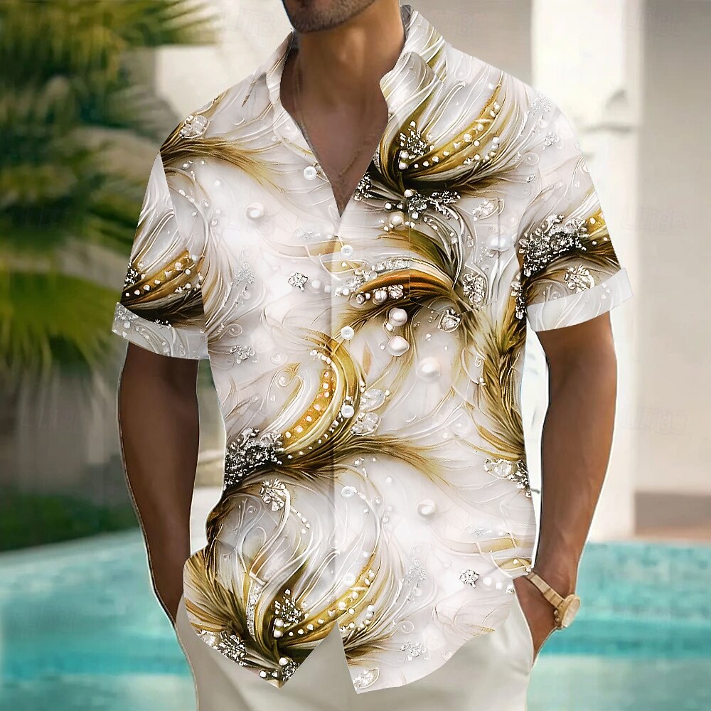 Men's Geometric Waves Pearl Shirt Summer Shirt Button Up Shirt Short Sleeve Fashion Casual Vacation Holiday Streetwear Summer Turndown 3D Print Front One Pocket Linen Like Shirt Blue Green Khaki 2025 - $23.99 –P2