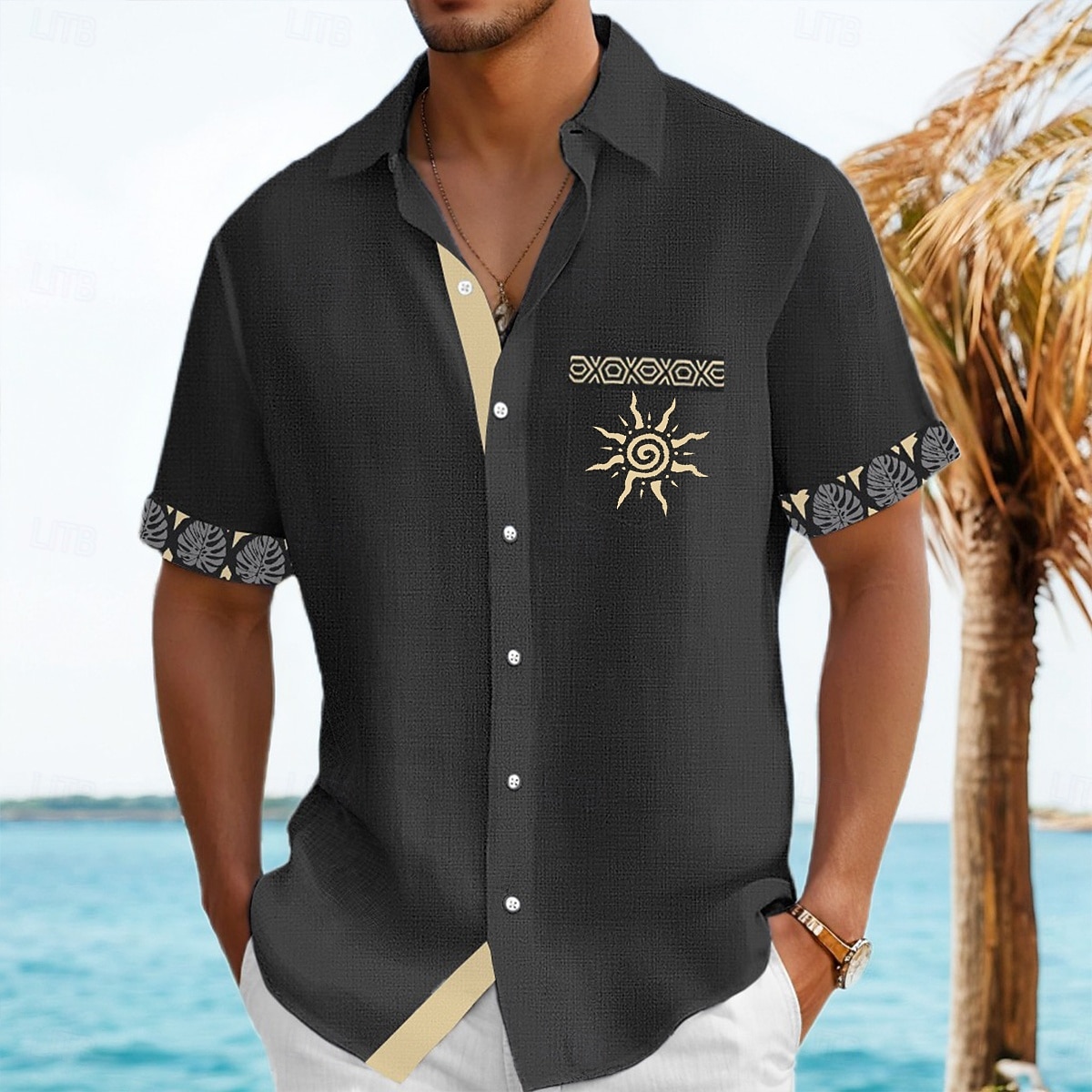 Men's Shirt Linen Shirt Summer Shirt Beach Shirt Button Up Shirt Tribal Casual Holiday Black Navy Blue Green Khaki Short Sleeve Turndown Summer Clothing Apparel Front Pocket 2026 - $26.99 –P12