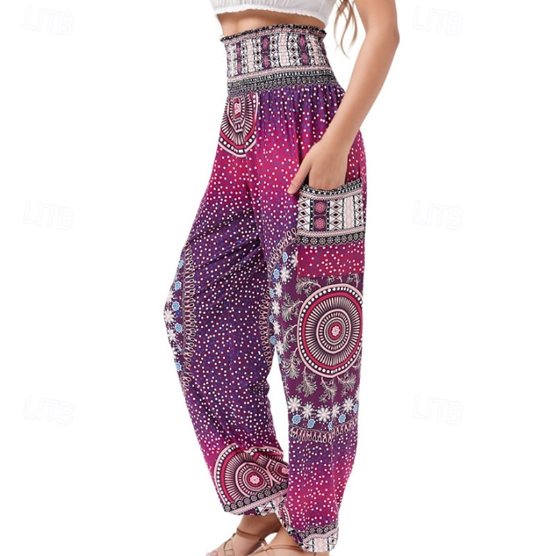 Dam Byxor Rak Mode Boho Fullängd Hög midja Mönster Elastisk midja Andningsfunktion Bekväm Microelastisk Gata Dagliga kläder Utekväll Svart Vit Rubinrött Kungsblå Sommar Normal 2025 - $19.99 –P7