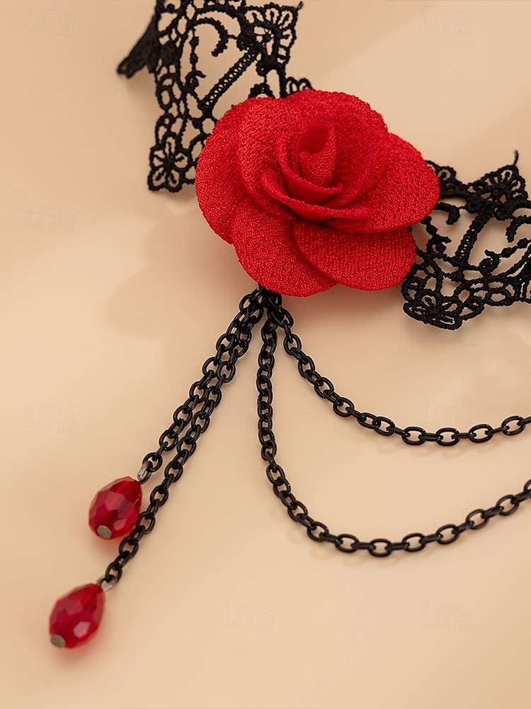 Liga elástica de encaje gótico con rosas para mujer, con cadenas y cuentas, joyería elástica vintage para muslos, ideal para fiestas de Halloween y cosplay. 2025 - $9.99 –P6