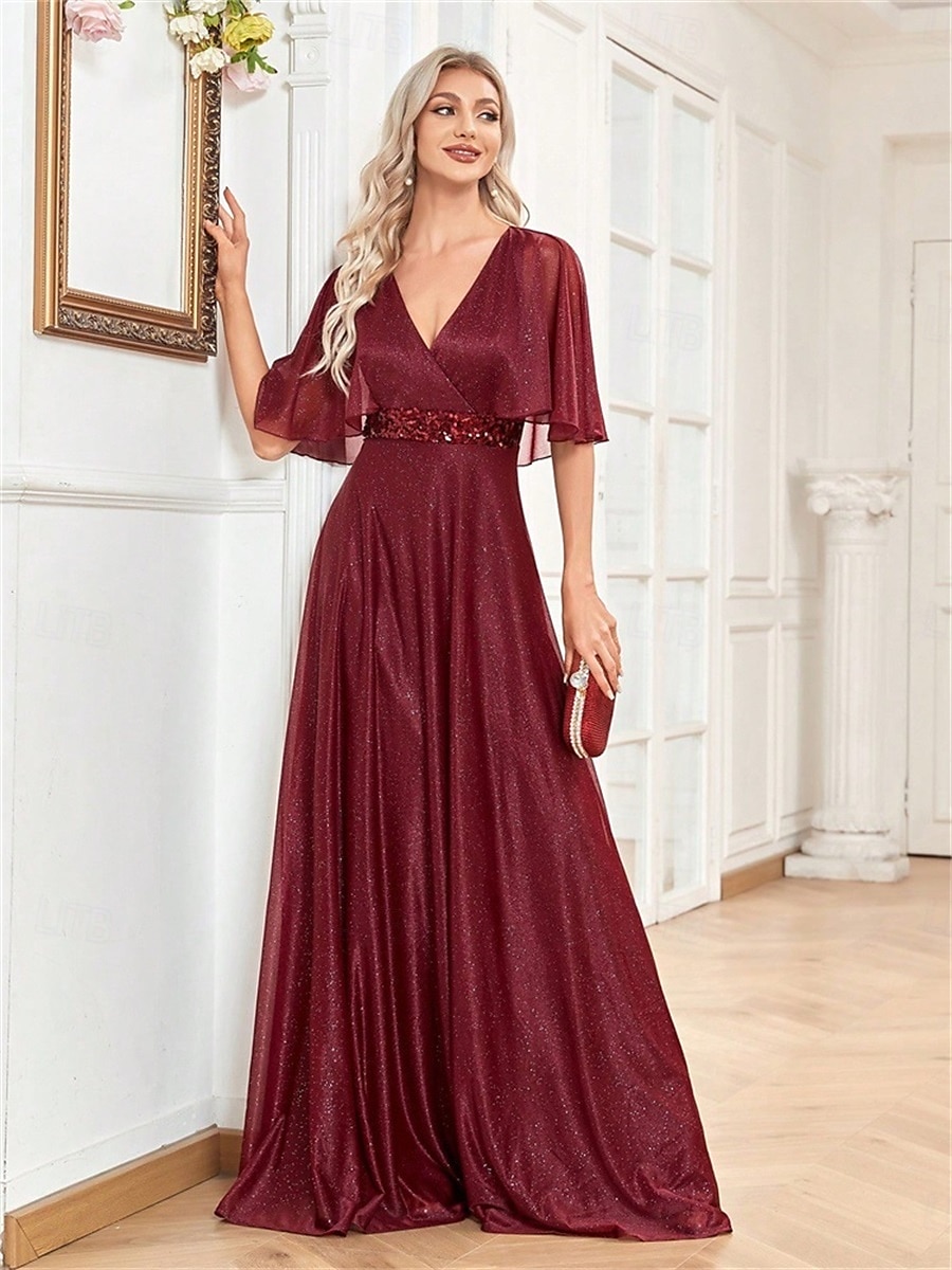 Robe de quinceanera A-Line élégante robe formelle de mariage longueur sol manches courtes col en V en satin avec plis de 2025 ? $99.99 –P8