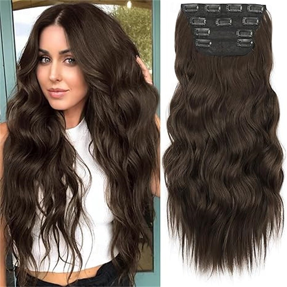 Clip-in-Haarverlängerungen, 4 Stück, lang, gewellt, synthetisch, dunkelschwarz, braun, Faser, doppelter Schuss, natürlich, dick, 24 Zoll, für Frauen 2025 - $26.99 –P4