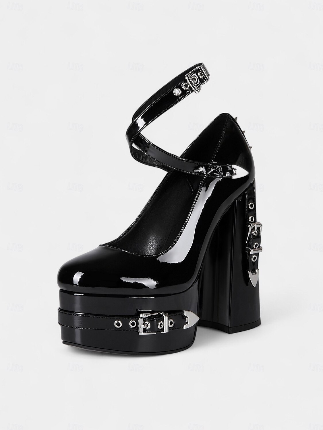Femmes Chaussures à Talons Soirée Rivet Boucle Plateau Talon Bloc Bout Rond Punk PU Boucle Noir de 2025 ? $119.99 –P5