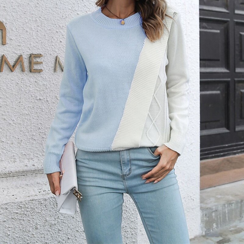 Damen Pullover Lässig Farbblock Grobstrick Rundhalsausschnitt Gestrickt Langarm Normale Oberteile Stricken Täglich Ferien Ausgehen Rosa Blau Herbst Winter 2025 - $24.99 –P9