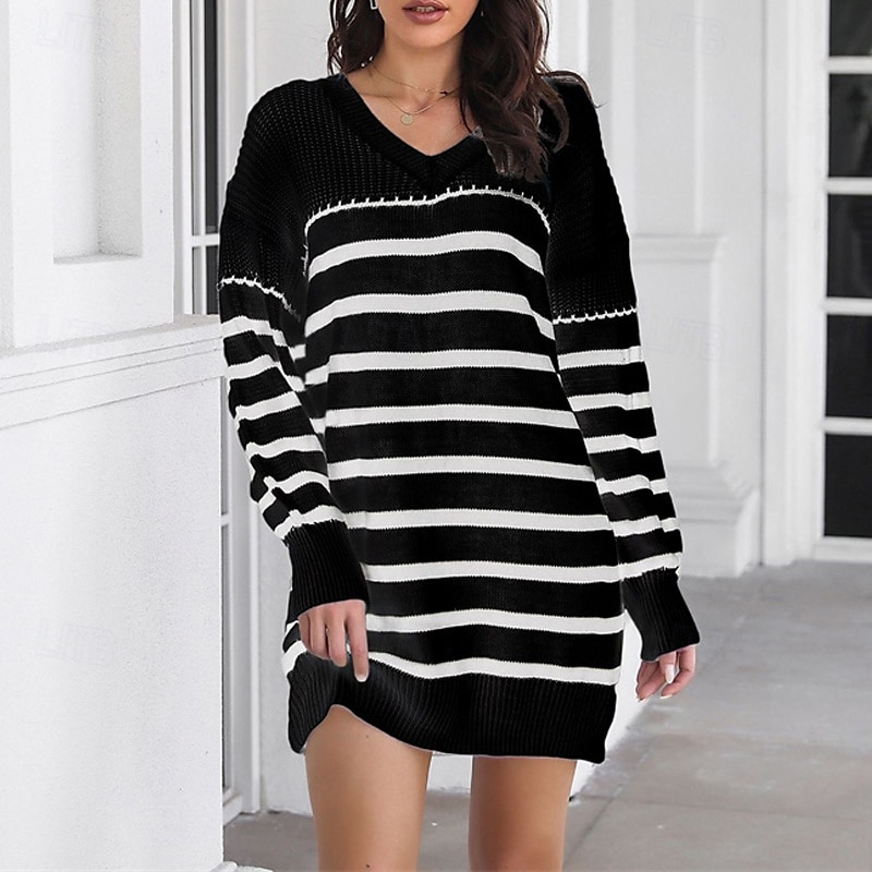 Femmes Mini Robe Robe Pull Robe Décontractée Mode Extérieur Soirée Fête Coupe régulière Rayé manche longue Col en V Noir Blanche Automne de 2025 ? $25.99 –P5
