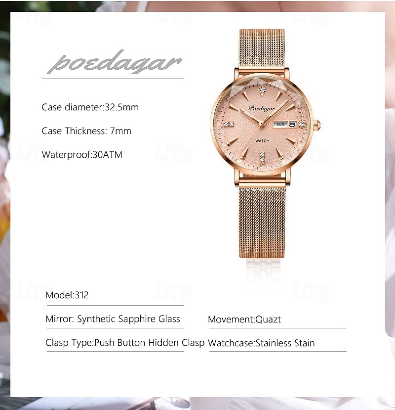 2026年 母の日の女性用ギフト 時計 ローズゴールド ステンレススチールメッシュ 日本製クォーツムーブメント シンプル 防水 ルミナスレディースウォッチ  コレクション – $31.99 –P8