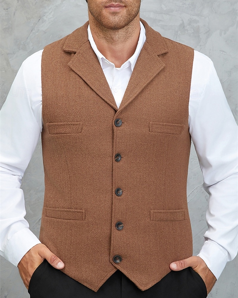 Herren Weste Gilet Urlaub Party Geschäft Mode Lässig Frühling Herbst Knöpfe Tasche Wollen Bequem Einfarbig Einreihig Ein-Knopf Flacher Kragen Normale Passform Braun Armeegrün Grau Weste 2025 - $38.99 –P4