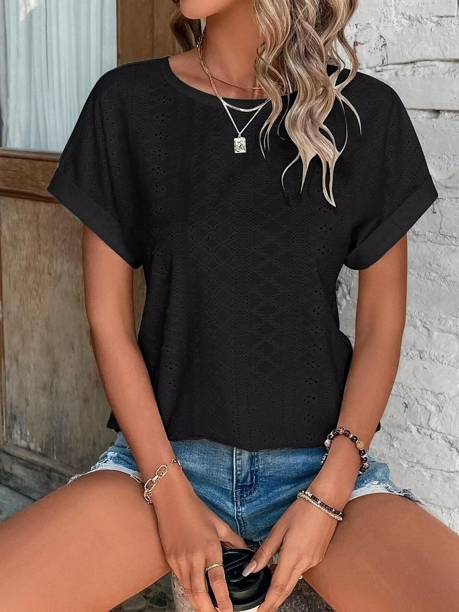 Femmes T-shirt Uni Mode Élégant Classique Manche Courte Col ras du cou Hauts Réguliers Quotidien Week-end Œillet Noir Blanche Rose Claire Bleu Été de 2025 ? $14.99 –P10
