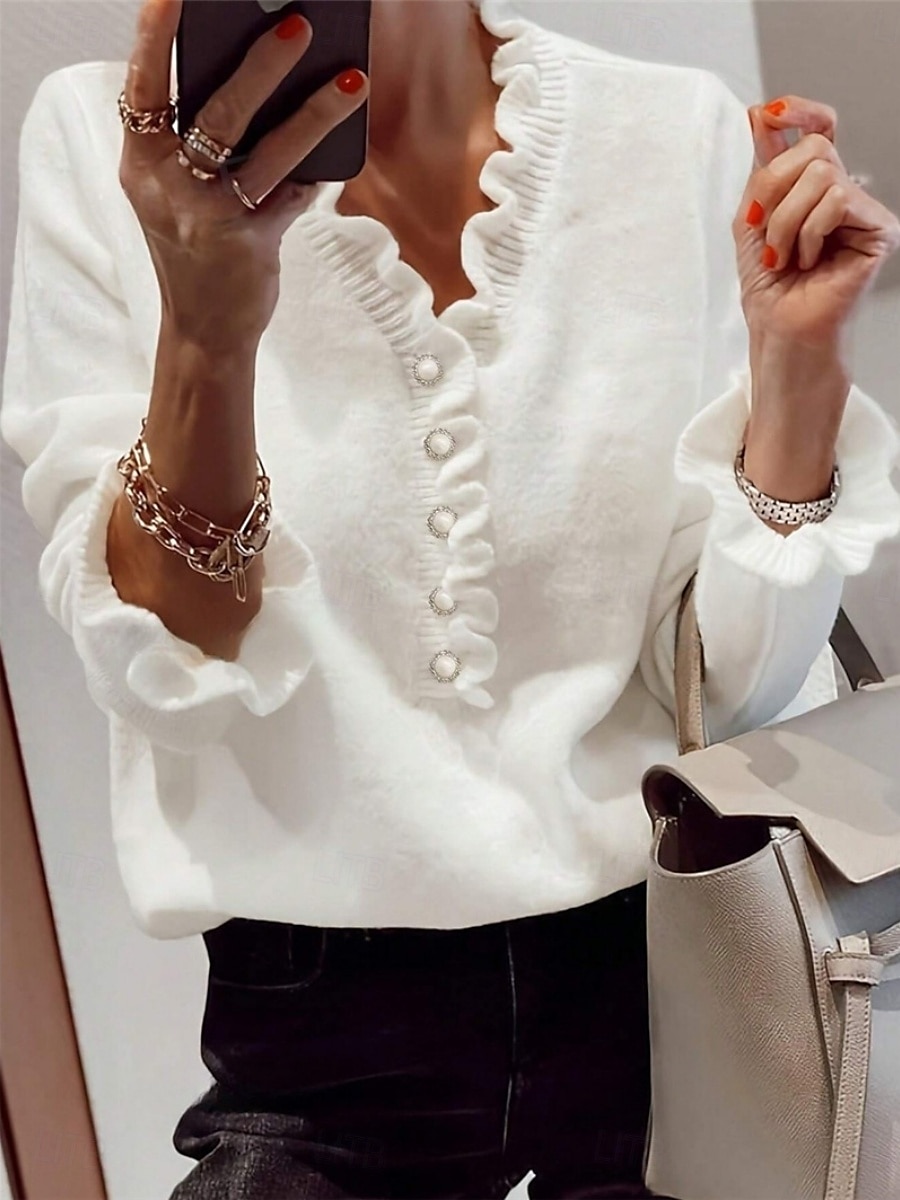 Per donna Felpa Casual Morbido Colore Puro A Coste Scollo a V Bottoni Lavorato a maglia Manica Lunga Top Regolari Maglia All'aperto Quotidiano Weekend Nero Bianco Estate Primavera del 2025 a $37.99 –P1